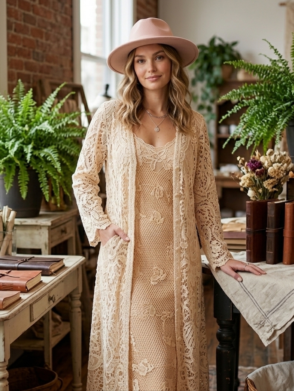 Martin McCrea Vintage Boho Lace 2pc Cream Crochet Duster & Slip Dress Med RARE